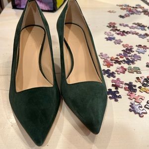 Suede forest green Everlane kitten heels.